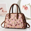 Sac Boston chic avec motif cerise et lanières en cuir marron pour femmes - Kaki foncé