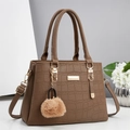 Classic brown crocodile embossed tote bag with gold metal plaque and furry pompom charm - Khaki