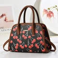 Sac fourre-tout à imprimé cerise, poignées en cuir marron et détails dorés - Noir