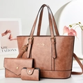 Three-piece brown PU leather handbag set including a large tote bag and two wallets - Pink