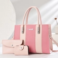 Pink 3-in-1 handbag set featuring striped patchwork tote, flap wallet and card holder - Pink