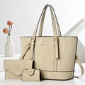 Set di 3 borse beige in pelle sintetica con texture a pieghe e dettagli dorati - Cachi