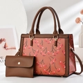 Fashionable PU leather tote bag set with red cherry pattern and brown clutch - Earthy Yellow