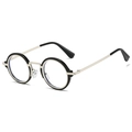 Dettaglio degli occhiali rotondi anti-luce blu con montatura vintage in metallo nero e argento - Interno Argento Esterno Nero Lenti Chiare