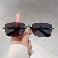 Classic rimless rectangular sunglasses with dark grey lenses and silver metal hinges - Gunmetal Frame Grey Lens