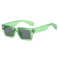 Detail view of transparent green rectangular sunglasses with size specs and CE mark - Translucent Green Frame Grey Lens