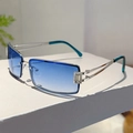 Detail of square gradient blue rimless sunglasses with silver metal temples and crystals - Silver Frame Gradient Blue Lens Silver Accessories White Rhinestone Transparent Blue Foot Cover