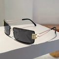 Detail of square sunglasses featuring crystal-encrusted temples and tinted lenses - Gold Frame Gray Lens Gold Accessories White Rhinestone Black Foot Cover
