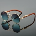 Occhiali da sole retrò a doppio ponte con aste in legno e decoro leopardo oro - Montatura Oro Lenti Grigio Verde