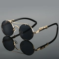 Retro round metal sunglasses with double bridge and gold panther head relief detail - Gold Frame Black Grey