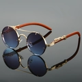 Luxury retro round sunglasses with double bridge gold metal frame and panther head decor - Gold Frame Grey Blue Lens