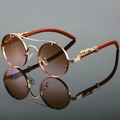Occhiali da sole tondi retrò con stanghette in legno e motivo a pantera dorata - Montatura Oro Lente Sfumata Tè Rosa