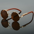 Retro round sunglasses with gold leopard head detail and brown wood-grain temples - Gold Frame Tea Lens
