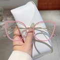 Pink cat-eye fashion glasses with gold metal frame and matching white textured case - Pink Gold Frame / Transparent Lenses