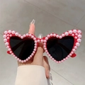 Red heart-shaped sunglasses with pearl trim for parties and weddings photo props - Red Frame Grey Lens
