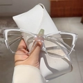Transparent cat eye blue light glasses with white accents and luxury leather case - Cat Eye Flat Glasses (Includes White Case) / Transparent White Stripe