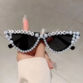 Black cat-eye birthday sunglasses with white pearls and Birthday Queen lettering - Black Frame / Black Lens