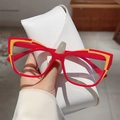 Cat eye blue light blocking glasses in red and yellow color contrast with white leather case - Cat Eye Flat Glasses (Includes White Case) / Red Yellow Stripe
