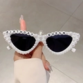 Birthday Queen cat-eye sunglasses with white pearls and black letter beads for parties - White Frame / Black Lens