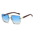Classic men's double bridge sunglasses with wood grain temples and blue gradient lenses - Gold Frame Gradient Blue Lens
