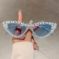 Cat-eye birthday party sunglasses with light blue lenses and Birthday Queen pearl detail - Blue Frame / Blue Lens