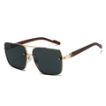 Classic gold double-bridge square sunglasses with dark wood grain textured temples - Gold Frame Black Grey
