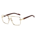 Classic gold metal square frame sunglasses with dark brown wood grain textured temples - Gold Frame Clear Lens