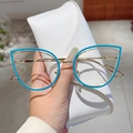 Blue cat-eye glasses frame with gold metal legs and a white textured carrying case - Blue Gold Frame Clear Lens