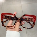 Detail view of square frame glasses showing CE UKCA marks and size specs on tortoise temple - Transparent Red and Tortoiseshell