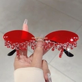Rimless rimless sunglasses with red lenses, silver rhinestones, and red teardrop charms - Gold Frame Red Lens Red Rhinestone
