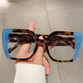 Retro oversized square blue light glasses with tortoise frame and blue color blocks - Light Blue and Tortoiseshell
