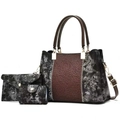 Three-piece women's handbag set featuring floral lace patchwork and ink splatter pattern - Black