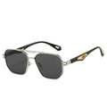 Silver double-bridge aviator sunglasses with grey octagonal lenses and hollow gold accents - Silver Frame Black Grey Lens