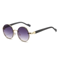 Klassische runde Metall-Sonnenbrille mit lila Verlaufsgläsern und dunklen Holzmaser-Bügeln - Goldener Rahmen Graue Verlaufsgläser