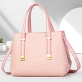 Pale pink woven texture handbag with gold buckles and detachable shoulder strap - Pink