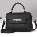 Fashionable black pebbled leather crossbody bag with silver chain lock and top handle - Black