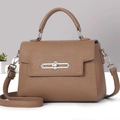 Brown lychee texture leather crossbody bag with silver buckle and top handle - Brown