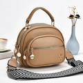 Khaki pebbled leather handbag with multiple zipper compartments and herringbone strap - Khaki