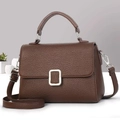 Brown lychee leather handbag with silver clasp and adjustable strap for women - Coffee