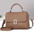 Classic brown litchi pattern leather shoulder bag with silver hardware and top handle - Brown