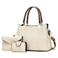 Set di tre borse in tela beige con manici e tracolla in pelle marrone regolabile - Bianco Sporco