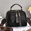 Retro black pebbled leather crossbody bag with brown trim and patterned strap - Black