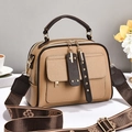 Khaki pebbled leather handbag with jacquard strap and dual zippers for women - Khaki