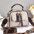 Litchi pattern beige crossbody bag with wide jacquard strap and dual zipper closure - Light Gray