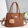 Minimalist dark brown litchi leather handbag with woven side texture and plush ball charm - Khaki/Earth Yellow