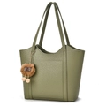 Olive green lychee pattern leather tote bag with cute plush animal charm for women - Green