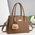 Brown lychee leather handbag with diamond stitching and plush ball charm for women - Khaki