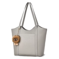 Minimalistische graue Tote Bag aus Leder mit Fronttasche und Plüschlöwen-Anhänger - Grau