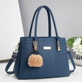 Navy blue faux leather tote bag with diamond pattern and soft plush keychain pendant - Blue