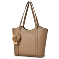 Detail of large tote bag in brown pebbled leather with cute plush bear charm - Dark Khaki